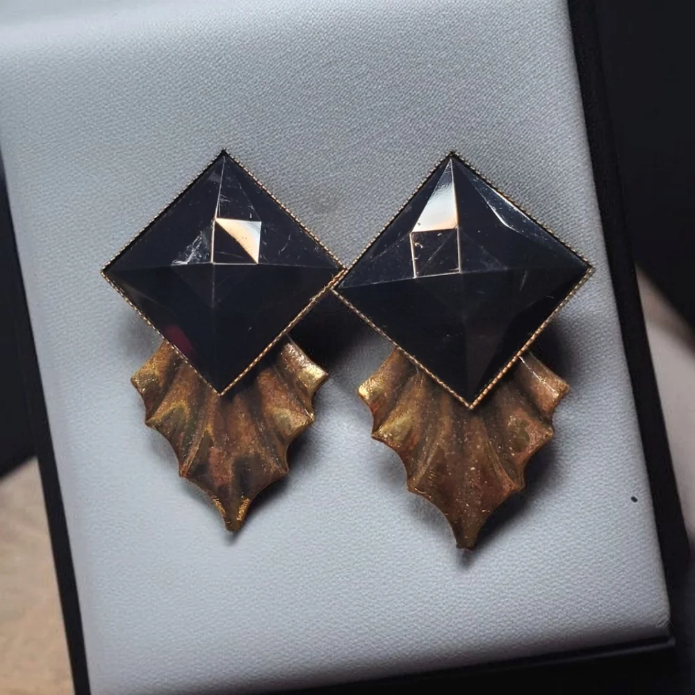 WEST GERMANY Vintage Massive Leaf Onyx Crystal Necklace & Earrings
